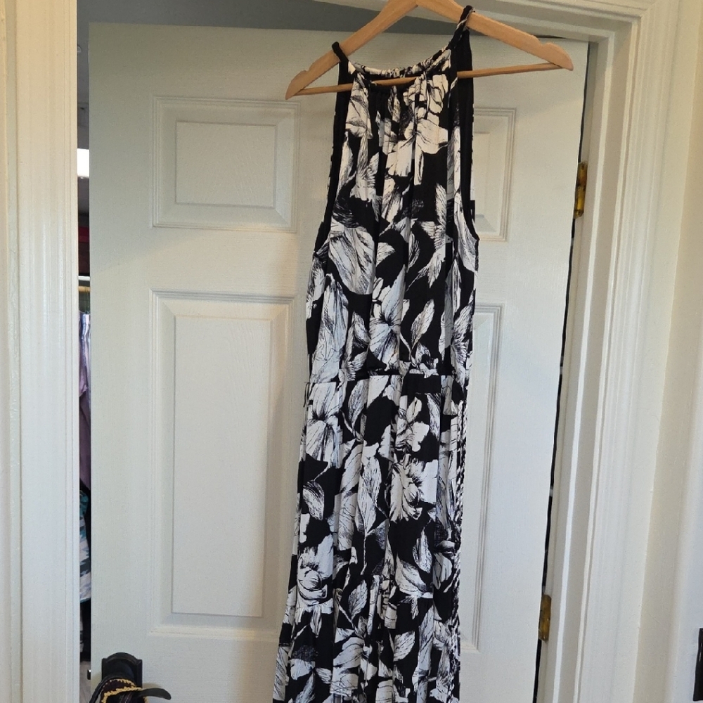 White House Black Market Black and White Halter Maxi Sundress